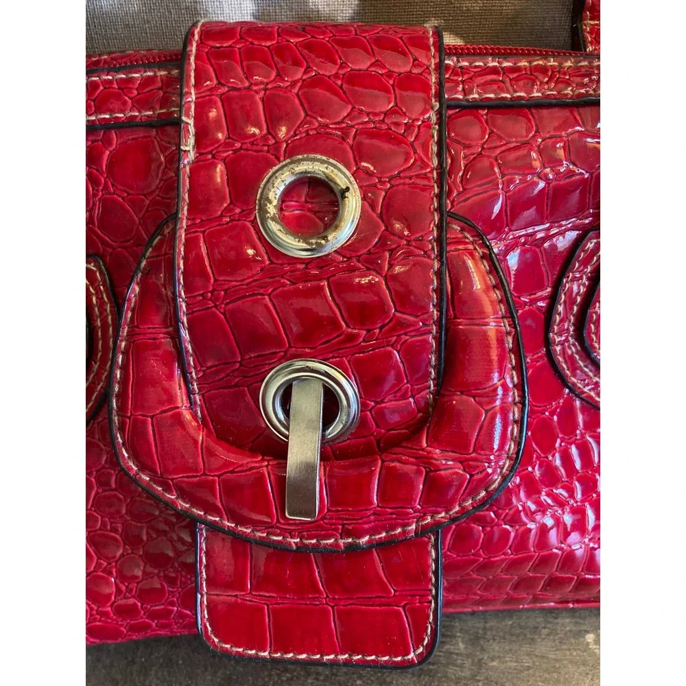 Strada Red Croc Embossed Faux Leather Satchel Handbag with Matching Coin Purse
